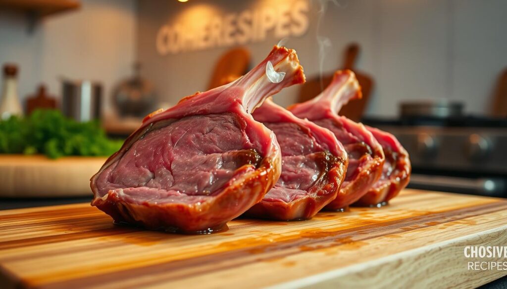 Resting lamb chops on a wooden cutting board, bathed in warm lighting from above. The chops glisten with moisture, their tender pink hue inviting the senses. Wisps of steam rise, hinting at the juicy goodness within. In the background, a simple kitchen scene, COHESIVERECIPES emblazoned on the wall, sets the stage for this mouthwatering moment. A shallow depth of field focuses the viewer's attention on the stars of the show - the perfectly rested, ready-to-serve lamb chops.
