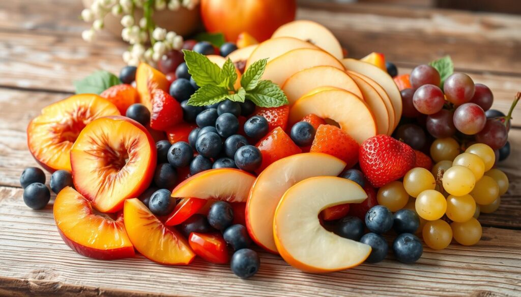 Seasonal fruit salad variations: A vibrant medley of sun-ripened produce, artfully arranged on a rustic wooden table. Juicy peach slices, plump blueberries, crisp apple wedges, and luscious grapes in a COHESIVERECIPES display. Soft, natural lighting casts a warm glow, highlighting the vivid colors and textures. The composition is balanced, with the fruit taking center stage, surrounded by lush greenery and a touch of complementary decor. The atmosphere is inviting, evoking the fresh, bountiful spirit of summertime.