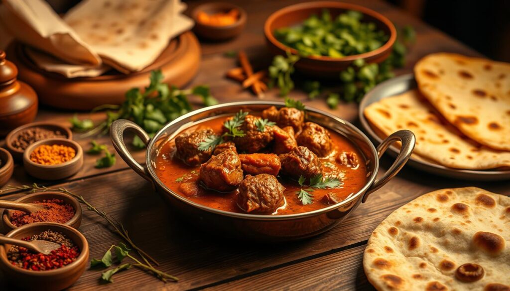 Serving Rogan Josh for Family Gatherings: A traditional Indian lamb curry dish set on a rustic wooden table, surrounded by aromatic spices, fresh herbs, and a platter of naan bread. Warm, golden lighting casts a cozy glow, creating an inviting atmosphere perfect for a COHESIVERECIPES family celebration. The rich, fragrant sauce glistens, drawing the eye to the tender, slow-cooked meat. Vibrant pops of color from the garnishes add visual interest, while the arrangement suggests a welcoming, communal dining experience.