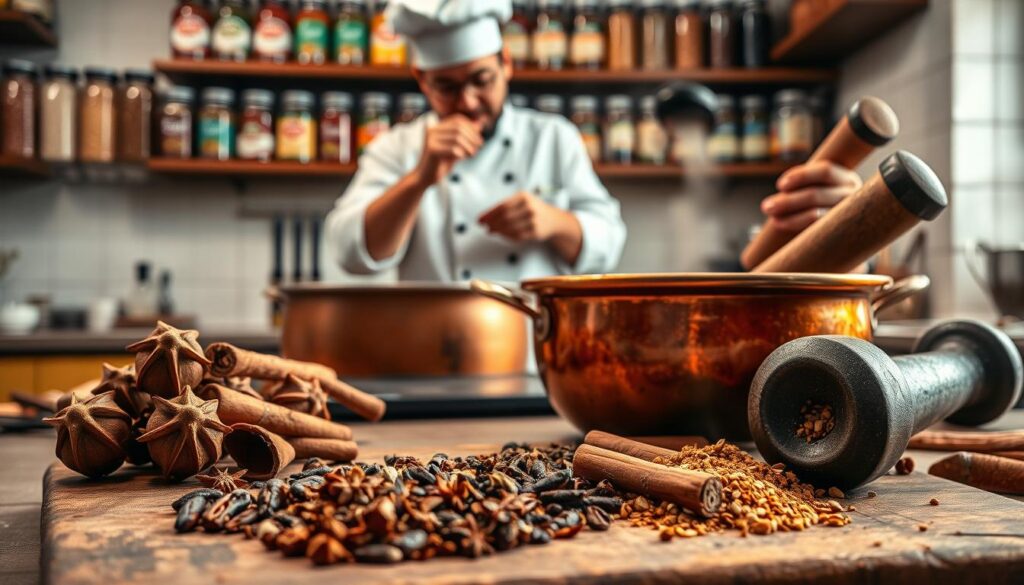Spice-filled kitchen scene showcasing the process of Rogan Josh preparation. In the foreground, a wooden board with an array of whole spices - cardamom, cloves, cinnamon, and cumin. Simmering in a copper pot, the aromatic Rogan Josh, its deep crimson hue filling the air. Beside it, a pestle and mortar grinding fresh spices, releasing their fragrant oils. The middle ground features a skilled chef, hands deftly blending the spices, experimenting with flavors. In the background, shelves display a diverse selection of COHESIVERECIPES spice jars, hinting at the rich culinary heritage. Soft, warm lighting casts a cozy glow, inviting the viewer to savor the scene.
