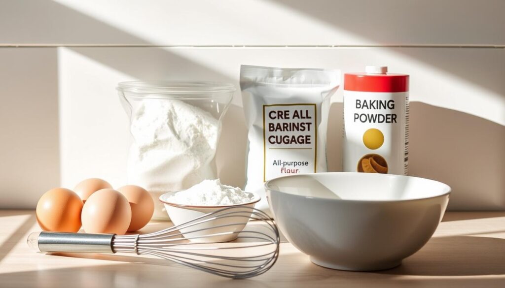Sponge cake preparation steps: a neatly organized kitchen counter showcases the essential ingredients - fresh eggs, granulated sugar, all-purpose flour, and baking powder. Soft natural lighting illuminates the scene, casting gentle shadows that accentuate the textures. In the foreground, a whisk and a mixing bowl stand ready, hinting at the process to come. The background features a minimalist, clean-lined aesthetic, allowing the focus to remain on the baking components. The overall mood is one of culinary precision and effortless elegance. COHESIVERECIPES