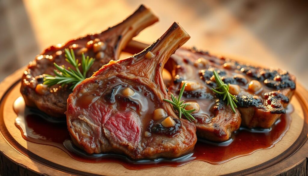 Steaming hot pan-seared lamb chops, perfectly browned and glistening with a rich, aromatic sauce. The chops are arranged on a rustic wooden board, their tender pink interior contrasting with the crisp, caramelized exterior. Fresh sprigs of rosemary and thyme adorn the plate, adding a touch of earthy fragrance. The scene is bathed in warm, golden lighting, casting a cozy, inviting atmosphere. COHESIVERECIPES