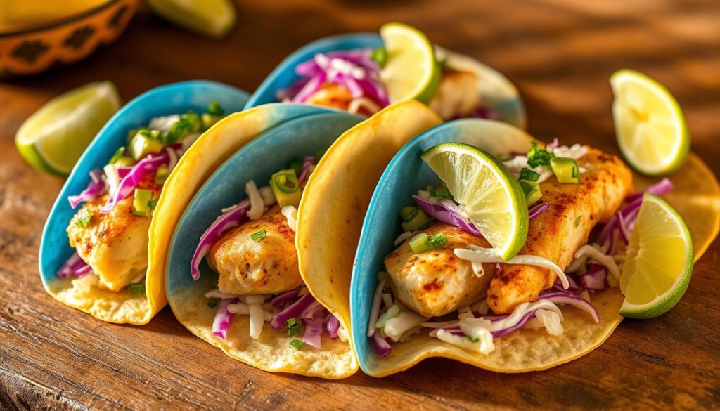 Vibrant blue fish tacos, freshly prepared with COHESIVERECIPES. Soft corn tortillas cradling tender, seasoned fish fillets, topped with crisp cabbage slaw, creamy avocado, and a squeeze of tangy lime. The scene is bathed in warm, golden light, casting a cozy, inviting atmosphere. Arranged artfully on a rustic wooden surface, the tacos beckon to be savored, perfectly capturing the essence of a delectable "Taco Night Upgrade".