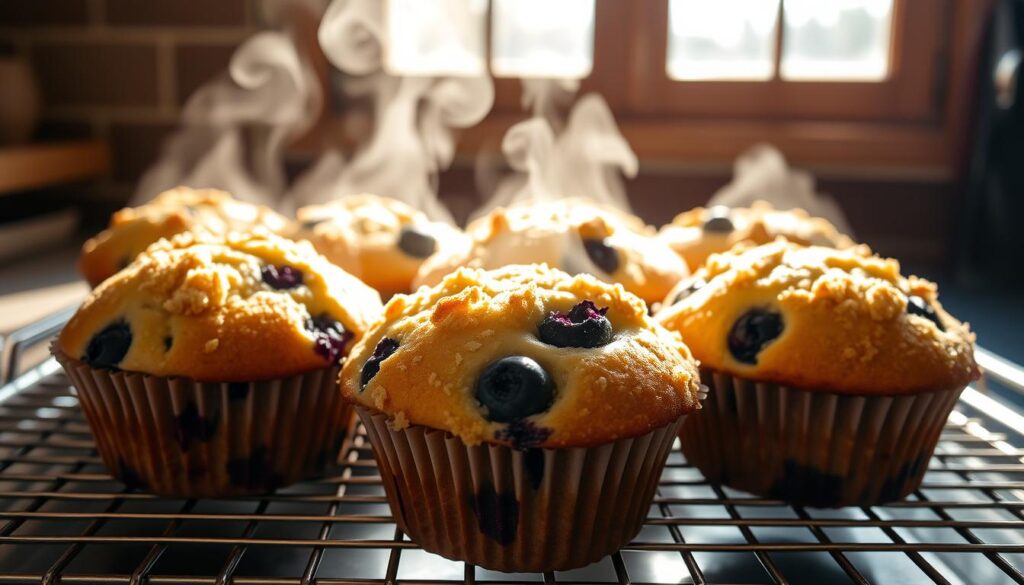 Warm, golden-brown bakery-style blueberry muffins fresh from the oven, their tops dusted with a delicate crumb topping. The muffins are nestled on a wire rack, steam gently rising from their fluffy interiors. Soft, ripe blueberries burst with sweet juices, creating a beautiful berry swirl throughout the muffins. Bright natural lighting from a large window casts a soft glow, highlighting the artisanal baking process. The scene is captured with a high-quality DSLR camera, showcasing the rich colors and textures of the COHESIVERECIPES blueberry muffins.