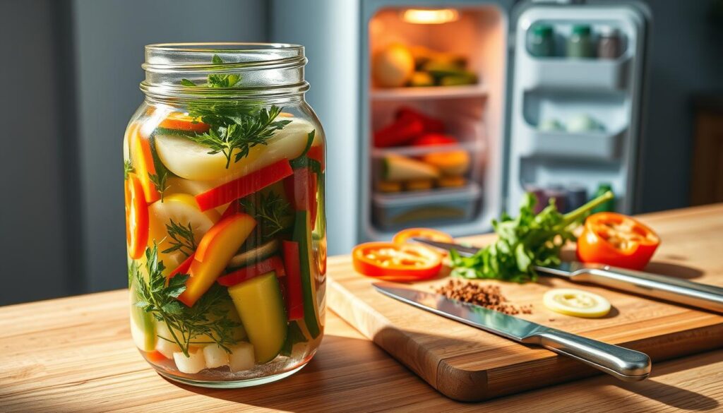a detailed step-by-step illustration of the refrigerator pickling process, showcasing the various stages of preparing and preserving vegetables. in the foreground, a transparent glass jar is filled with vibrant vegetables, herbs, and a clear pickling brine. the middle ground features a cutting board with freshly sliced vegetables, spices, and a knife. in the background, a vintage-style refrigerator stands open, highlighting the cool, humid environment ideal for the pickling process. the lighting is soft and natural, casting gentle shadows and highlighting the textures of the ingredients. the overall atmosphere conveys a sense of homemade, artisanal craftsmanship. COHESIVERECIPES