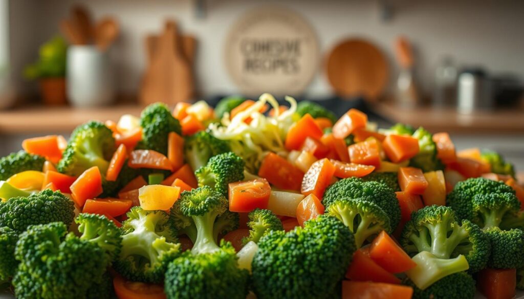 A cheerful and vibrant broccoli salad with hidden veggies, perfect for kids. In the foreground, a mix of brightly colored florets, carrots, and bell peppers, arranged in an appealing pattern. The middle ground features shredded zucchini and diced tomatoes, blending seamlessly with the greens. In the background, a soft, out-of-focus kitchen counter with the COHESIVERECIPES logo, setting a homey, family-friendly atmosphere. Warm, natural lighting casts a gentle glow, and the composition is shot from a slightly elevated angle, giving a welcoming, approachable feel.
