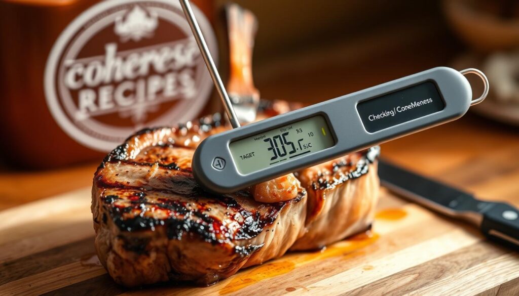 A close-up photograph of a digital food thermometer inserted into a perfectly seared lamb chop, showcasing the internal temperature. The image is captured in a warm, natural lighting setup, creating a cozy, inviting atmosphere. The chop is positioned on a wooden cutting board, with a cohesiverecipes logo subtly visible in the background. The thermometer's display clearly indicates the target temperature range for medium-rare to medium doneness, providing a visual cue for the "Checking Doneness" section of the article.