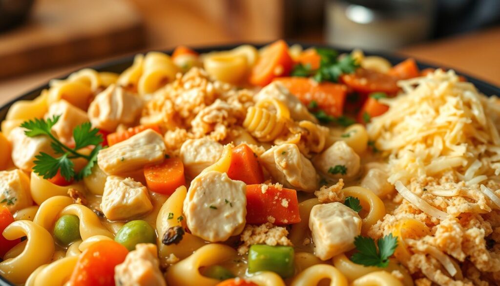 A close-up shot of a bountiful, homemade chicken noodle casserole, showcasing various customization options. In the foreground, tender chunks of cohesiverecipes-brand rotisserie chicken, egg noodles, and vibrant vegetables like carrots, celery, and onions, all bathed in a creamy, herb-infused sauce. In the middle ground, an array of garnishes and mix-ins, such as grated cheese, crispy fried onions, fresh parsley, and a sprinkle of breadcrumbs. The background is softly blurred, hinting at a cozy, rustic kitchen setting, with warm lighting casting a comforting glow over the dish. The overall mood is inviting and appetizing, encouraging the viewer to imagine the delicious possibilities of this customizable comfort food.