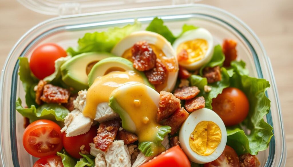 A close-up shot of a meal prep container filled with a nutritious Cobb salad. The salad is composed of crisp romaine lettuce, juicy cherry tomatoes, creamy avocado slices, savory grilled chicken, crispy bacon bits, hard-boiled egg halves, and a drizzle of tangy vinaigrette dressing. The container is made of clear glass, allowing the vibrant colors and textures of the salad to shine. The lighting is soft and natural, gently illuminating the salad from above. The image has a clean, minimalist aesthetic, emphasizing the simplicity and healthfulness of the well-balanced meal prep dish.