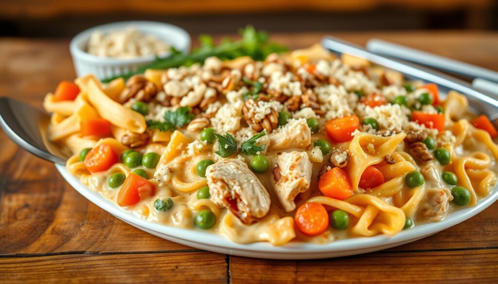 A close-up shot of a visually appealing and diverse allergen-friendly casserole dish, arranged with care on a rustic wooden table. In the foreground, the casserole showcases a creamy, dairy-free sauce, tender chicken, and gluten-free noodles, with vibrant vegetables like carrots, peas, and onions carefully layered throughout. The middle ground features an assortment of allergy-safe toppings, such as crushed nuts, dairy-free cheese, and fresh herbs, adding texture and flavor. The background is softly blurred, creating a cozy, homemade atmosphere. Lit by warm, natural lighting and captured with a shallow depth of field, the image conveys a sense of comforting, allergen-friendly indulgence. cohesiverecipes