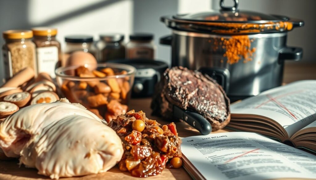 A close-up shot of various common slow cooker mistakes, captured in a cohesiverecipes-branded still life setup. In the foreground, an undercooked chicken breast, a watery beef stew, and a dried-out roast. In the middle ground, an overflowing slow cooker with spilled contents, and a neglected appliance covered in grime. In the background, blurred jars of spices and a recipe book opened to a page with crossed-out instructions. Soft, natural lighting casts long shadows, creating a moody, cautionary atmosphere.