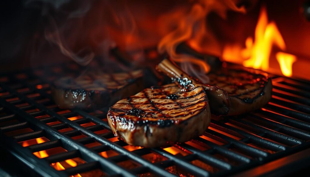 A close-up view of a gas grill, its metal grates glowing with intense heat. Bright orange flames lick the underside, creating distinct heat zones across the surface. Plump, seared lamb chops sizzle and char, their juices caramelizing. Billowing smoke swirls in the air, casting dramatic shadows. The scene is captured with a sharp, cinematic lens, highlighting the textures and contrasts. Warm, golden lighting casts an inviting glow, evoking the aroma of perfectly cooked lamb. cohesiverecipes