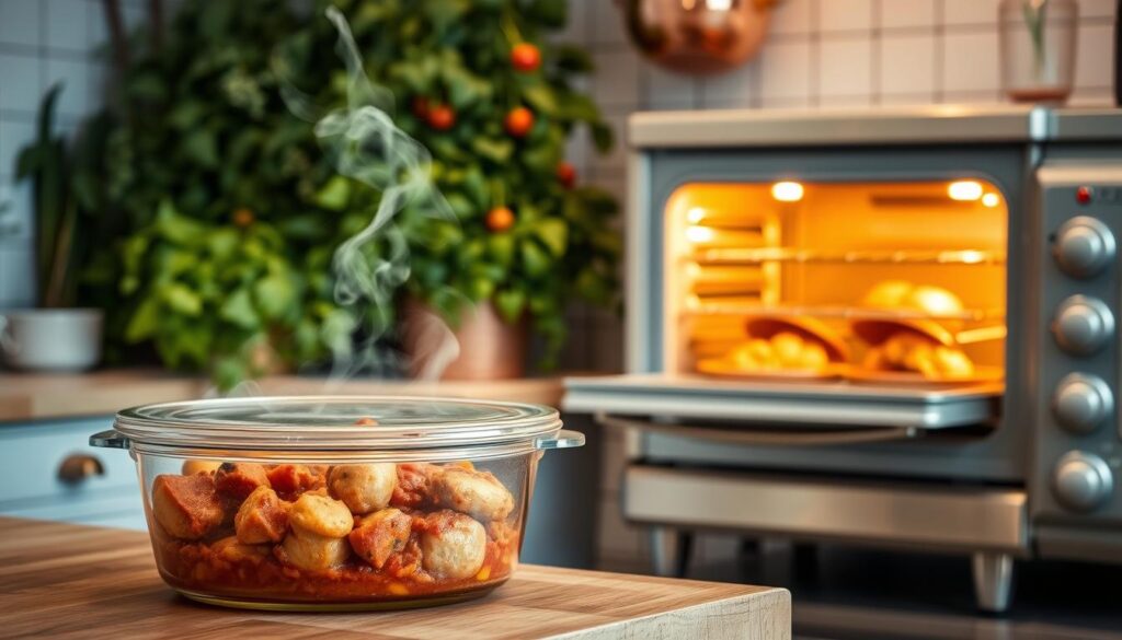 A cohesiverecipes kitchen scene showcasing Chicken Cacciatore storage and reheating tips. In the foreground, a glass storage container filled with the savory stew sits on a wooden counter, steam gently rising from the lid. The middle ground features a vintage-style oven, its door slightly ajar, revealing the warm glow of reheated Chicken Cacciatore inside. In the background, a lush herb garden frames the scene, adding a touch of Italian ambiance. Soft, diffused lighting creates a cozy, inviting atmosphere, while a classic Italian tile backsplash and copper cookware lend an authentic aesthetic.