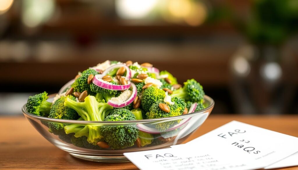 A crisp, vibrant broccoli salad against a blurred background, illuminated by soft, warm lighting. An elegant glass bowl filled with a medley of lush, green florets, tossed with a creamy, tangy dressing, and garnished with slivers of red onion, crunchy sunflower seeds, and a sprinkle of grated Parmesan. In the foreground, a set of recipe cards with hand-written FAQs, shot with a shallow depth of field, creating a COHESIVERECIPES signature aesthetic. The scene exudes a sense of freshness, nourishment, and culinary expertise.