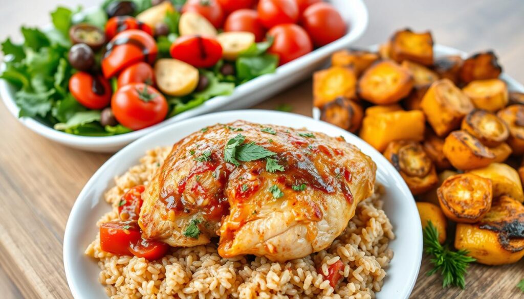 A delectable array of chicken cacciatore variations, each a harmonious blend of healthy ingredients. In the foreground, a succulent, slow-cooked chicken thigh nestled atop a bed of whole-grain brown rice, infused with the robust flavors of tomatoes, mushrooms, and fragrant herbs. Surrounding it, an artful display of side dishes - a vibrant salad of crisp greens, juicy cherry tomatoes, and a drizzle of tangy balsamic reduction; a side of roasted vegetables, their vibrant colors and caramelized edges adding depth and texture. Lighting is soft and natural, highlighting the dish's rustic, yet refined presentation. Captured through a wide-angle lens, the scene exudes a sense of balance and cohesion, embodying the "cohesiverecipes" ethos of creating dietary-friendly variations on classic comfort foods.