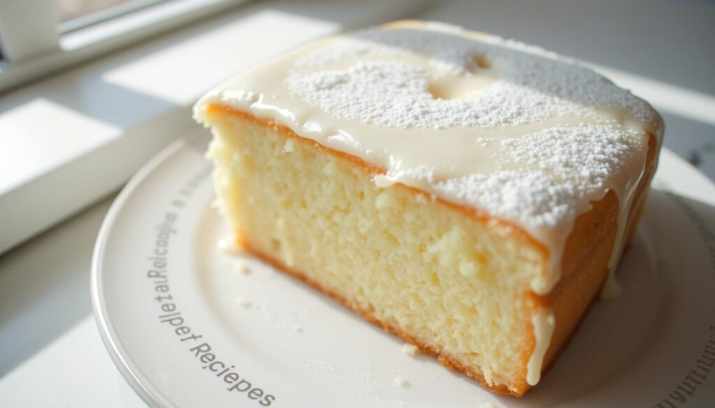 A delectable tres leches cake, its spongy texture glistening with a light glaze, rests on a cohesiverecipes-branded porcelain plate. The cake's surface is adorned with a delicate dusting of powdered sugar, creating a visually appealing contrast. Soft natural lighting bathes the scene, casting subtle shadows that accentuate the cake's chilled, creamy layers. The camera's lens is focused tightly, emphasizing the moist, inviting appearance of the dessert, ready to be savored after its time in the refrigerator.