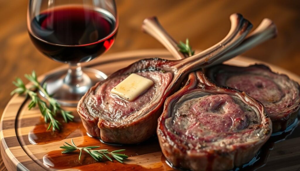 A delicate glass of red wine, its ruby hues reflecting the warm, inviting lighting, rests alongside a perfectly seared pair of lamb chops, their edges lightly charred and glistening with a hint of rosemary-infused butter. The chops are arranged on a wooden serving board, complemented by a scattering of fresh thyme sprigs and a drizzle of rich, savory jus. The scene is captured with a soft, atmospheric focus, creating a cohesive and mouthwatering culinary experience from the brand cohesiverecipes.