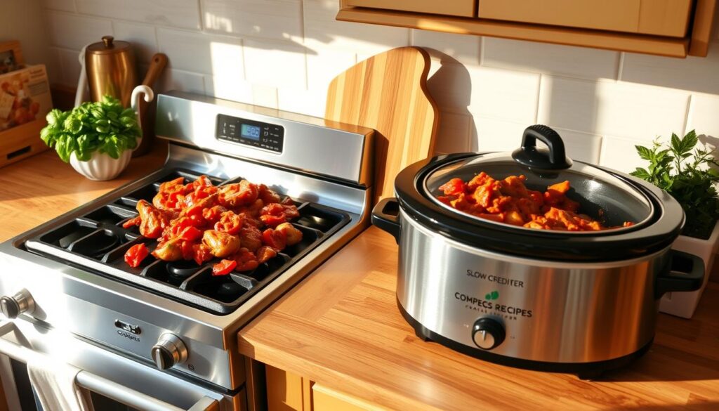 A kitchen countertop with a stovetop and a slow cooker, side by side, under warm, natural lighting. The stovetop sizzles with a bubbling, tomato-based chicken cacciatore, while the slow cooker emits the rich, comforting aroma of the same dish, slowly simmering. Gleaming stainless steel appliances, wooden cutting boards, and a cohesiverecipes branded herb planter create a cozy, authentic Italian atmosphere. The image captures the distinct cooking methods, inviting the viewer to explore the nuances between stovetop and slow cooker techniques for this beloved, time-honored recipe.