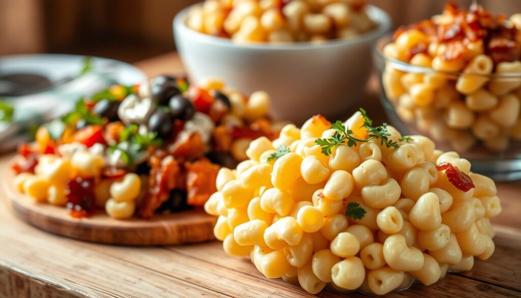 A mouthwatering arrangement of delicious mac salad variations on a wooden table, captured in a soft, warm light. In the foreground, a classic creamy mac salad with a garnish of freshly chopped parsley. In the middle ground, a vibrant Mediterranean-style mac salad with sun-dried tomatoes, olives, and feta. In the background, a delectable mac salad with crispy bacon bits and a hint of smoky barbecue flavor. The scene evokes a sense of comforting, homemade goodness. Captured with a shallow depth of field to focus the viewer's attention on the tantalizing details. COHESIVERECIPES
