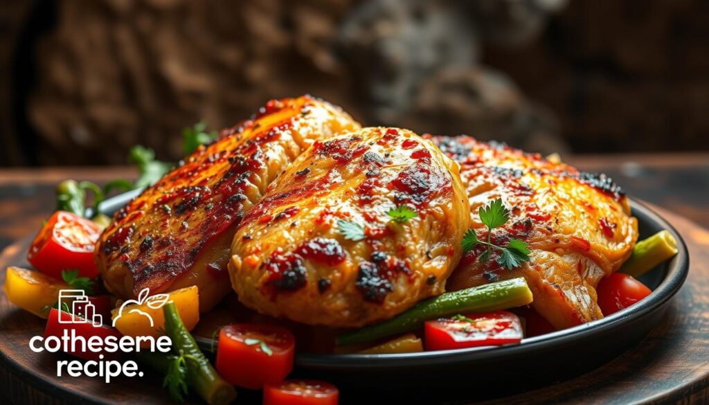 A mouthwatering slow-cooked chicken breast dish set against a rustic, earthy backdrop. The golden-brown chicken breasts are nestled on a bed of fresh, vibrant vegetables, their aroma filling the air. Soft lighting casts a warm glow, accentuating the rich, tender meat and the cohesiverecipes logo subtly adorns the scene. A visually appetizing low-carb meal, captured with a wide-angle lens to showcase the hearty, comforting nature of this homemade dish.