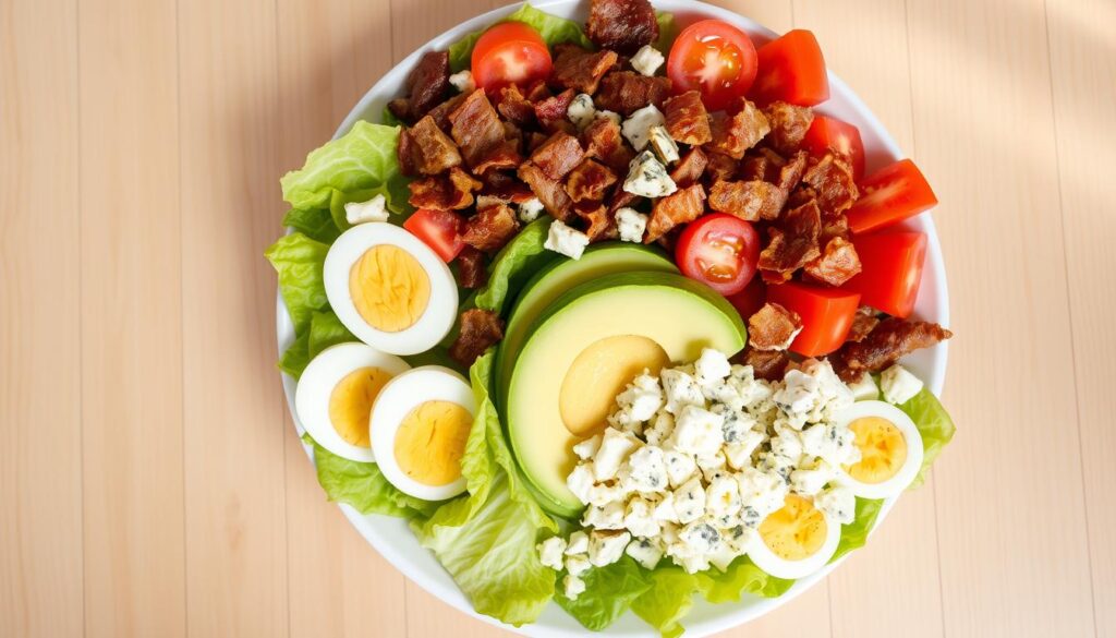 A neatly arranged Cobb salad on a light wooden table, viewed from a slightly overhead angle. The salad features crisp romaine lettuce, juicy tomatoes, hard-boiled egg halves, crumbled bacon, diced avocado, and crumbled blue cheese, arranged in distinct rows for a visually appealing presentation. Soft, natural lighting from the side casts gentle shadows, highlighting the textures and colors of the ingredients. The focus is sharp, drawing the viewer's attention to the careful assembly of this classic, nutritious salad.