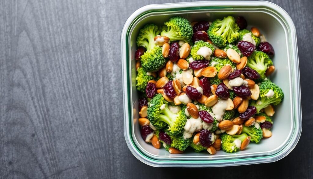 A neatly arranged meal prep container filled with a vibrant broccoli salad. The broccoli florets are crisp and fresh, tossed with a creamy dressing, crunchy toasted almonds, and tangy dried cranberries. The salad is presented on a gray background, with soft directional lighting highlighting the texture and colors. The overall scene conveys a sense of wholesome, make-ahead nutrition perfect for busy weekday lunches. COHESIVERECIPES