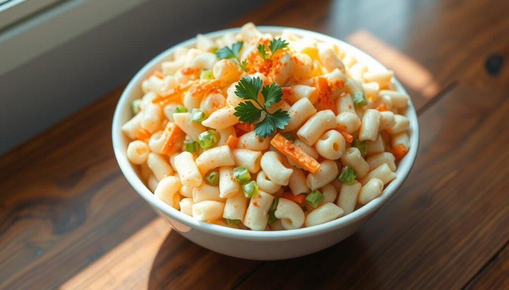 A refreshing, creamy mac salad sits on a wood table, afternoon light filtering through a window. Crisp macaroni noodles, diced celery, and shredded carrots create a vibrant mix, dressed in a tangy mayonnaise-based sauce. Sprigs of fresh parsley and a light dusting of paprika add pops of color and flavor. The salad is presented in a simple white bowl, ready to be scooped and enjoyed. COHESIVERECIPES