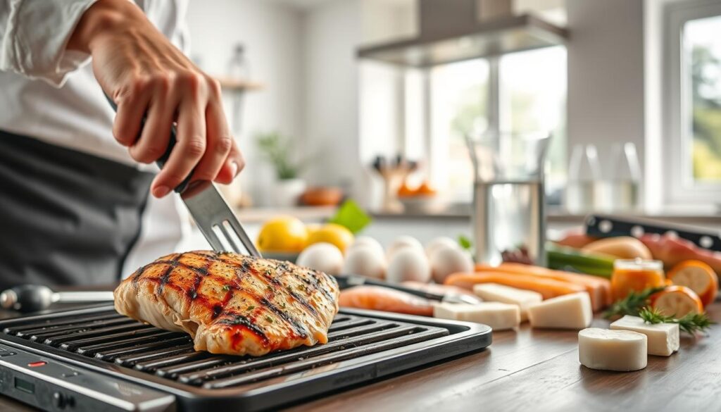A stylish and informative kitchen scene showcasing various protein cooking tips. In the foreground, a chef's hands carefully preparing a grilled chicken breast, seasoned and seared to perfection. In the middle ground, an assortment of protein-rich ingredients such as eggs, fish fillets, and tofu are neatly arranged, accompanied by cooking utensils and a glass of water. The background features a bright, airy kitchen with natural light streaming through large windows, highlighting the fresh, healthy vibe. The scene is captured with a shallow depth of field, creating a softly blurred, intimate atmosphere. The overall mood is one of culinary expertise, nutritional awareness, and a commitment to preparing delicious, protein-packed meals.
