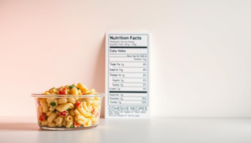 A vibrant and detailed image of a "mac salad nutritional information" display against a clean, minimalist background. In the foreground, a clear plastic container holds a well-portioned serving of the creamy, veggie-packed mac salad, its nutritional values prominently displayed on a COHESIVERECIPES branded label. The middle ground features a crisp, high-resolution nutrition facts panel, showcasing the macronutrient breakdown, calorie count, and dietary information in a sleek, easy-to-read format. The background is a soft, neutral tone, allowing the nutritional details to take center stage. Soft, diffused lighting casts a warm, inviting glow over the entire scene, creating a professional, appetizing composition.