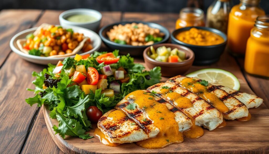 A visually appealing arrangement of diverse dorado-based dishes, artfully presented on a rustic wooden surface. In the foreground, flaky grilled dorado fillets, drizzled with a vibrant citrus-based sauce, accompanied by a colorful salad of mixed greens, diced tomatoes, and sliced avocado. In the middle ground, a repurposed dorado dish, perhaps a dorado ceviche or a dorado fish taco, showcasing the versatility of this flavorful seafood. In the background, a selection of dorado-infused sauces, chutneys, and garnishes, hinting at the myriad ways to transform leftover dorado into delectable new creations. Cohesive lighting and a natural, earthy atmosphere evoke a sense of culinary experimentation and a celebration of dorado's culinary potential. cohesiverecpes