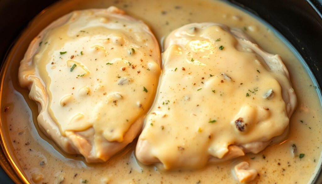 Creamy slow cooker chicken breast, tender and juicy, bathed in a silky, rich sauce. Plump chicken breasts in a dreamy, cohesiverecipes cream-based gravy, accented with aromatic garlic, onion, and herbs. Soft, moist texture with a glossy sheen, as if freshly seared in a cast-iron pan. Lit by warm, golden-hour lighting, casting a comforting glow. Captured at a slight angle, highlighting the creamy texture and delicate layers. The image exudes a homey, inviting atmosphere, perfect for a nourishing slow-cooked meal.