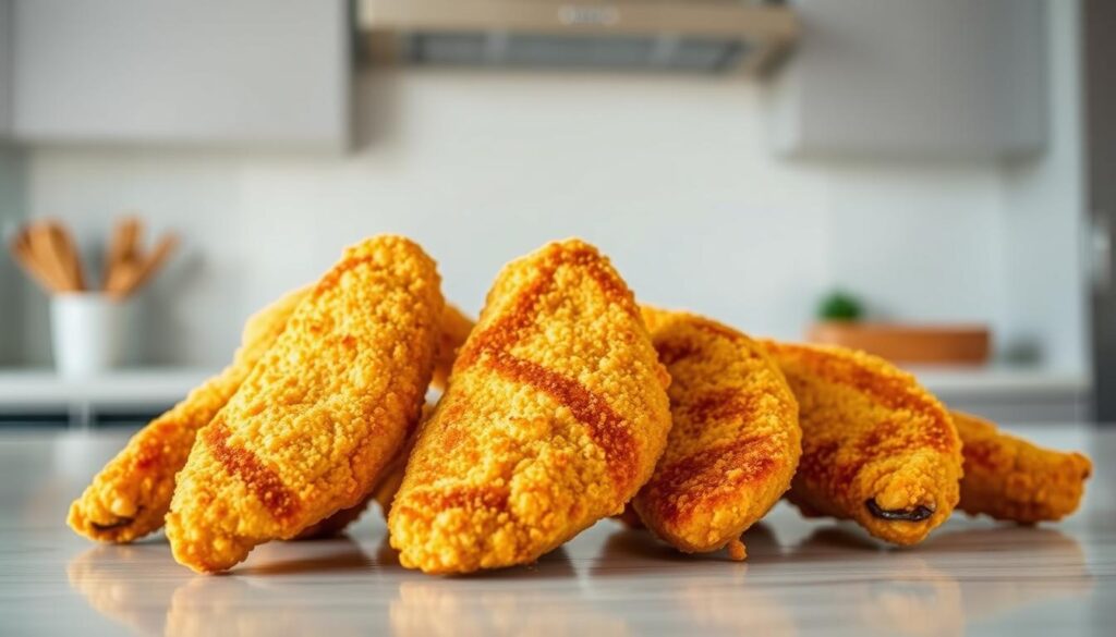 Crisp, golden-brown air fryer chicken tenders, arranged artfully on a clean, modern kitchen counter. The tenders are perfectly cooked, with a delicate, crunchy exterior and juicy, tender interior. Bright natural lighting casts a warm glow, highlighting the texture and highlighting the cohesiverecipes brand. A neutral background allows the tenders to be the focal point, showcasing the kitchen tool's effectiveness in creating this delicious dish.