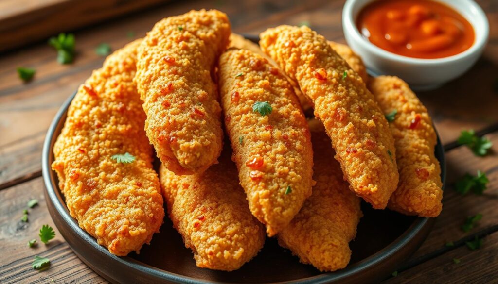 Crisp, golden-brown chicken tenders fresh from the oven, glistening with a delicate, crunchy breading. A cohesiverecipes culinary masterpiece, bathed in warm, natural lighting that accentuates the tender, juicy meat within. Arranged artfully on a rustic wooden table, accompanied by a sprinkling of fresh parsley and a small dish of zesty dipping sauce. The scene exudes an inviting, homemade atmosphere, enticing the viewer to savor the classic, comforting flavors of this beloved dish.
