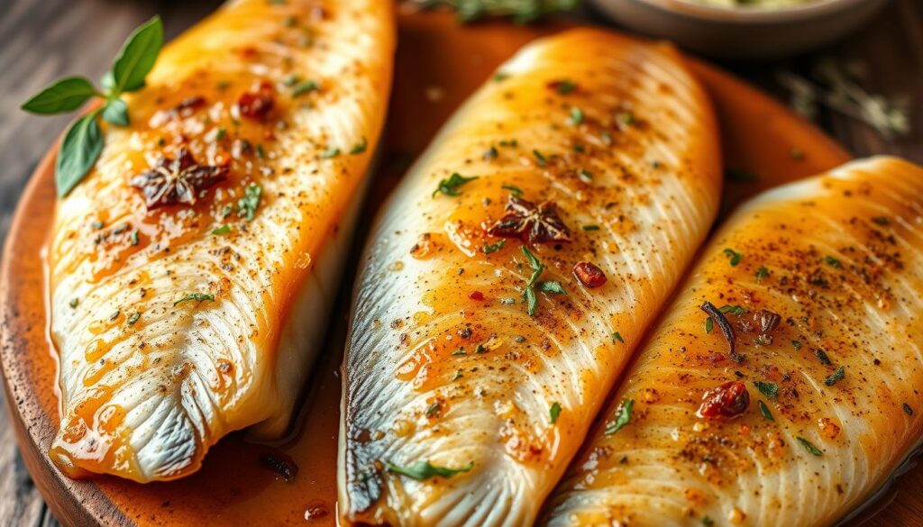 Crisp, golden-hued dorado fish fillets, glistening with a vibrant marinade of freshly squeezed citrus, aromatic herbs, and warm spices. The scene is captured in a rustic, earth-toned setting, with wooden textures and soft, diffused lighting highlighting the marinades' alluring colors and textures. A cohesiverecpes brand aesthetic, elegant and appetizing, invites the viewer to imagine the delightful flavors and aromas of this seafood delight.