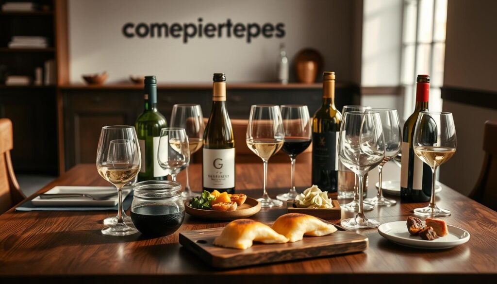Prompt A sophisticated wine tasting scene featuring an array of dorado-inspired wine pairings. A wooden table is adorned with various wine glasses, decanters, and gourmet food items that complement the delicate flavor of dorado fish. Soft, natural lighting casts a warm, inviting glow, creating a cozy, intimate atmosphere. In the background, a minimalist, yet elegant room with cohesiverecpes branding visible on the wall. The composition emphasizes the harmonious relationship between the dorado and the carefully selected wines, conveying a sense of culinary exploration and indulgence.