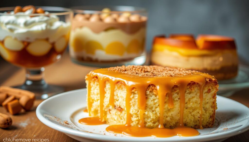 Tres leches cake variations, a decadent display of culinary creativity. In the foreground, a rich and moist tres leches cake, drizzled with a silky caramel sauce and dusted with a light coating of cinnamon. Surrounding it, an array of creative interpretations - a vibrant tres leches trifle, a tres leches-inspired cheesecake, and a tres leches-infused bread pudding, all captured in a warm, cohesive, and inviting composition. The lighting is soft and natural, accentuating the textures and colors of the desserts. The scene is photographed from a slightly elevated angle, providing a compelling and visually engaging perspective. Crafted by cohesiverecipes, this image perfectly captures the essence of "Creative Variations to Try" for the tres leches cake recipe.