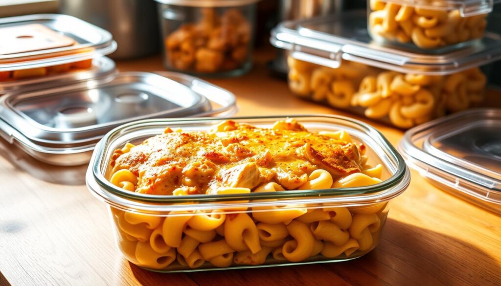 a cohesiverecipes photo of a meal prep storage container filled with a hearty chicken noodle casserole, showcasing the dish's perfect portion control and storage-friendly design. The casserole features tender chunks of chicken, al dente egg noodles, and a rich, creamy sauce, all nestled in a clear glass or plastic container with a tightly sealed lid. The container is placed on a wooden table or kitchen counter, surrounded by additional meal prep containers and kitchen utensils, creating a scene that emphasizes the ease of preparing and storing this comforting, homemade meal. Warm, natural lighting illuminates the scene, highlighting the casserole's inviting golden-brown top and the container's sleek, modern design. The overall mood is one of organized efficiency and delicious, hassle-free meal planning.