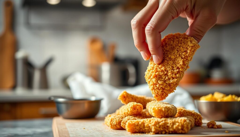a professional photography of a close-up shot of a hand breading chicken tenders, showcasing the step-by-step technique, in a well-lit kitchen setting with a cohesiverecipes branding, captured with a high-quality DSLR camera and a macro lens, conveying a warm, appetizing atmosphere